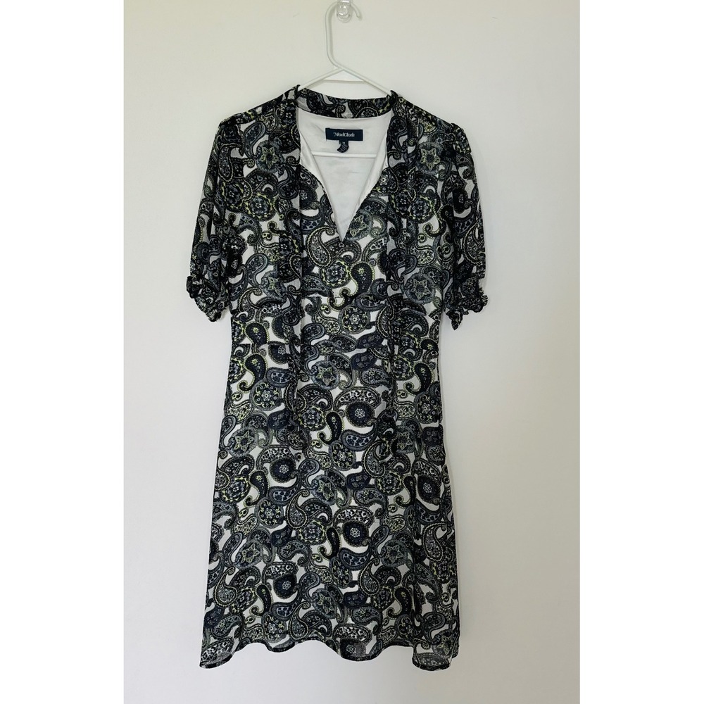 ModCloth Paisley Short Sleeve Tie Neck Fit and Flare Dress Blue Green Medium